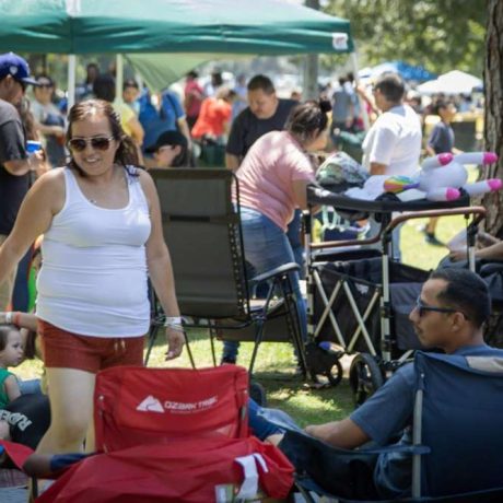 various people and activities happening across a grassy area with sun shades