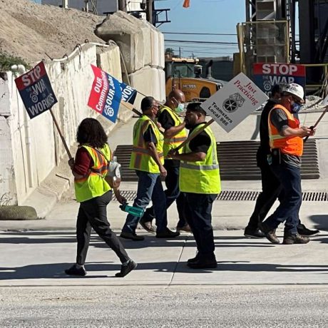 teamsters with signage at rally