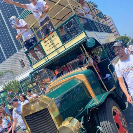 trolley in lgbtq parade