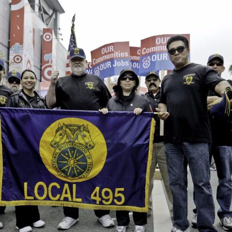 teamsters standing together at rally