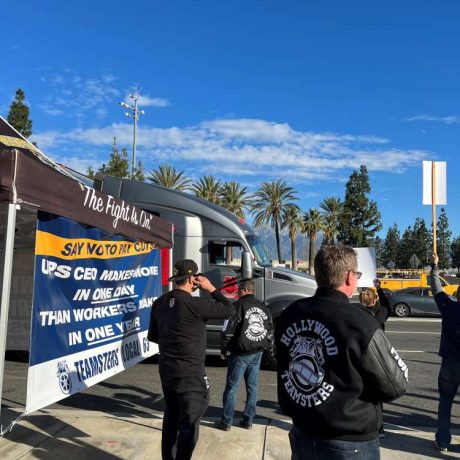 teamsters with large truck and signage